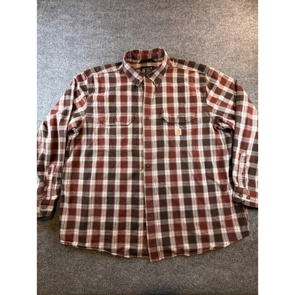 Carhartt Mens 2XL Loose Fit Plaid Button Down Shirt Long Sleeve Brown Burgundy
